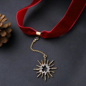 Dark Red Velvet Gothic Celestial Drop Star Grunge Chocker Necklace